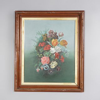 Antique Still Life Oil Painting of Garden Flowers in Walnut Frame 19th C