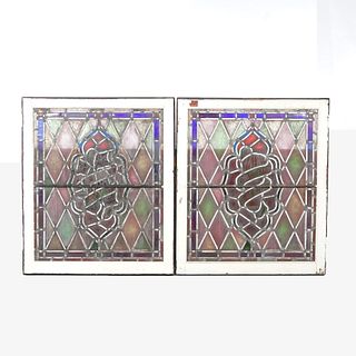 Antique Pair of Matching Arts & Crafts Leaded & Stained Glass Windows Circa 1900