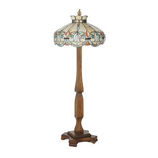 Antique Arts & Crafts Oak Floor Lamp with Leaded Glass Shade, circa 1910