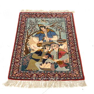 Silk Kashan Pictorial Oriental Rug 20th C, 41"L x 26"W
