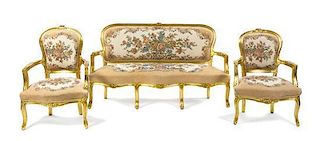 A Louis XV Style Giltwood Salon Suite, Height of canape 38 1/8 x width 64 1/4 x depth 24 inches.