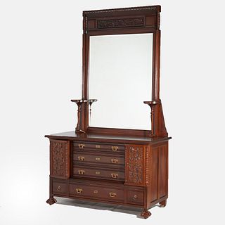 Antique Aesthetic Carved Mahogany Dresser with Mirror, circa 1890