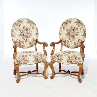 Antique Pair Italian Walnut Carved Arm Chairs, circa 1920