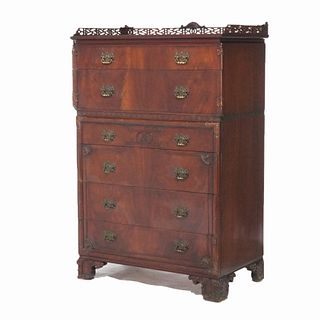 Chinese Chippendale Carved Flame Mahogany High Chest Circa 1940