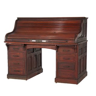 Antique Mahogany S-Roll Top Desk with Full Interior by Gunn, c1900
