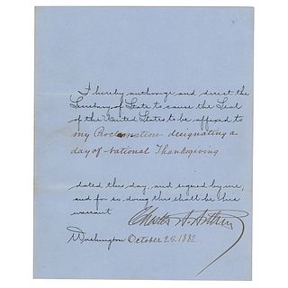 Chester A. Arthur Document Signed as President (1882) - Thanksgiving Proclamation
