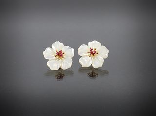 14K Mother of Pearl Ruby Floral Earrings