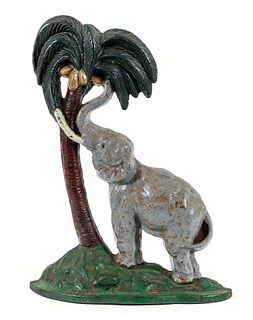 Cast Iron Elephant With Coconut Tree Doorstop 