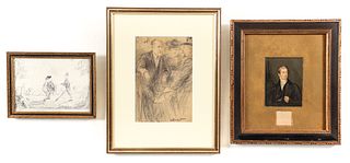 3 framed British prints, Portrait, Satire, Cafe Scene 