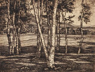 Luigi Lucioni etching The Edge of the Birches, 1951