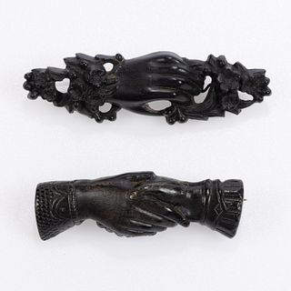 VICTORIAN ANTIQUE GUTTA PERCHA / VULCANITE FIGURAL HAND MOURNING BROOCHES, LOT OF TWO