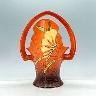 Roseville Pottery Handled Basket Vase, Brown Freesia