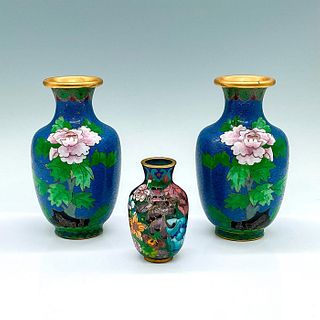 3pc Chinese Small Cloisonne Floral Vases