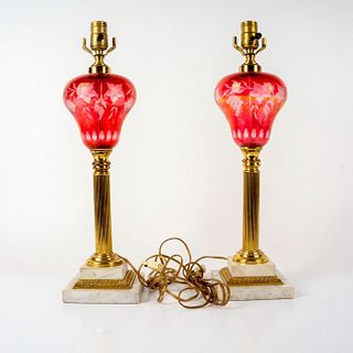 Pair of Vintage Red Cut to Clear Table Lamps