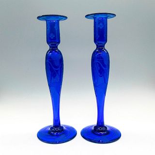 2pc Cobalt Blue Etched Candlestick Holders
