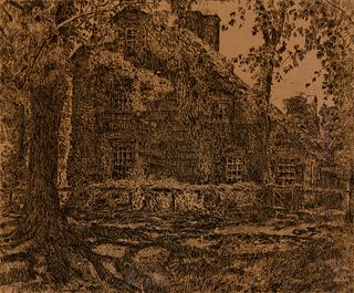 Childe Hassam (Am. 1859-1935), Wooded Home, Etching, framed under glass