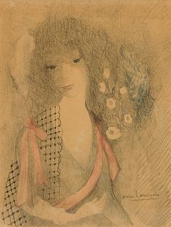 Marie Laurencin (Fr. 1883-1956), Girl with Flowers, Colored lithograph, framed under glass