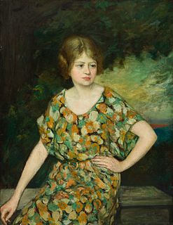 Pauline Palmer (Am. 1867-1938), Portrait of a Woman in Green, Oil on canvas, framed