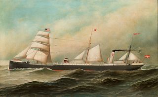 Antonio Jacobsen (Am./Danish 1850-1921), M/T "Christine" First Danish Tanker, 1894, Oil on canvas, framed