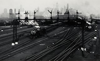Berenice Abbott (Am. 1898-1991), Hoboken Railroad Yard, New Jersey, 1935, Gelatin silver print, framed under glass