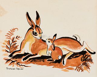 Dahlov Ipcar (Am. 1917-2017), Mother and Baby Bunny, Watercolor 