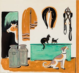 Dahlov Ipcar (Am. 1917-2017), "Tack Room" 1950, Gouache on paper, framed under glass