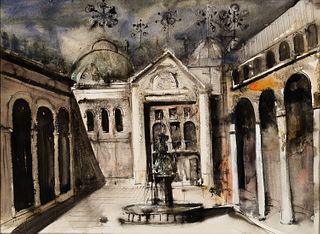 William Thon (Am. 1906-2000), Cortile in Venice, Watercolor on paper, framed under glass