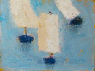 Katherine Bradford (Am. b. 1942), "3 Sails on Blue" 2006, Oil on canvas, framed