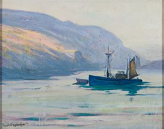 Sears Gallagher (Am. 1869-1955), Two Boats on Blue, Monhegan, Oil on panel, framed