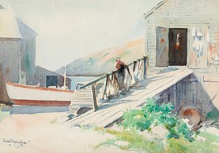 Sears Gallagher (Am. 1869-1955), Fish Shacks, Monhegan, Watercolor on paper, framed under glass