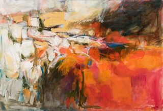 Elena Jahn (Am. 1938-2014), Red and Gold Rocks, Monhegan, 1967, Oil on canvas, framed