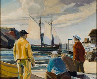 James Elliott (Am. 20th Century), Shipyard, Monhegan, Oil on canvas, framed
