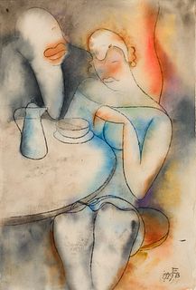 Erich Borchert (Ger. 1907-1944), Sitting at the Table, 1929, Charcoal and watercolor on rice paper, framed under glass