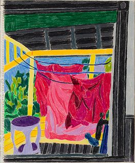 Lynne Drexler (Am. 1928-1999), Laundry Day, Colored pencil on paper, matted