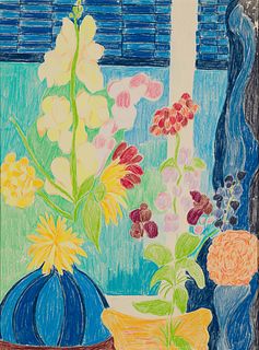 Lynne Drexler (Am. 1928-1999), Floral Still Life, 1983, Colored pencil on paper, framed under glass