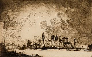 Joseph Pennell (Am. 1857-1926), New York from Brooklyn, 1915, Etching, framed under glass
