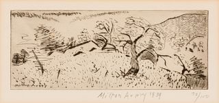 Milton Avery (Am. 1885-1965), Japanese Landscape, 1939, Drypoint etching, framed under glass