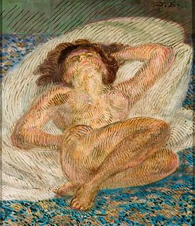 John Sloan (Am. 1891-1970), "Nude on Great White Pillow" 1944, Casein tempera with oil varnish on panel, framed