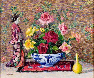 Lillian Burk Meeser (Am. 1864-1942), Still Life with Roses and Figurine, Oil on canvas, framed