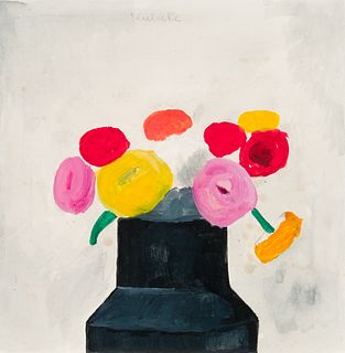Robert Kulicke (Am. 1924-2007), Bouquet in Black Vase, Watercolor and gouache on paper, framed under glass