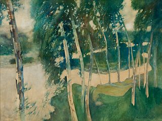 George Hallowell (Am. 1871-1926), Birches, Watercolor on paper, framed under glass