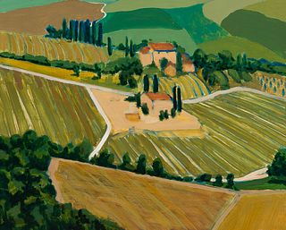 Tom Glover (Am. 21st Century), "Vineyards and Farmhouse" 2008, Oil on panel, framed