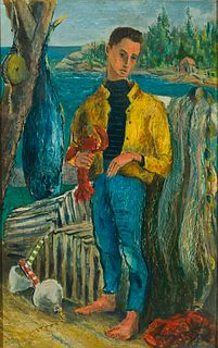 John Laurent (Am. 1921-2005), Lobsterman, Oil and encaustic on panel, framed