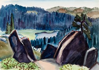 William Muir (Am. 1902-1964), Rocks, Glacier National Park, 1941, Watercolor on paper, framed under glass