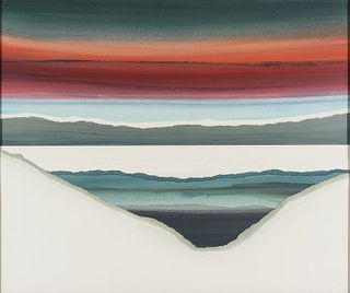 George Kunkel (Am. 1922-1984), "Beyond Cranberry Point" 1973, Acrylic collage, framed under glass