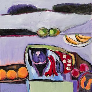 Arthur DiMambro (Am. 1928-2016), Still Life in Lavender Landscape, 2002, Oil on panel, framed