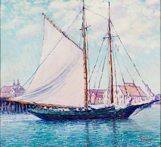 Lillian Burk Meeser (Am. 1864-1942), Anchored Sailboat, Oil on canvas, framed