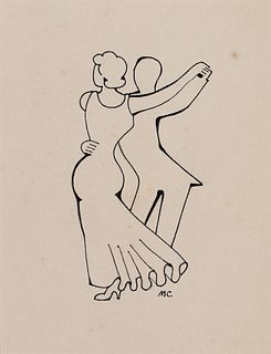 Attr. to Miguel Covarrubias (Mexican 1904-1957), Ballroom Dancers, 1935, Pen and ink on paper, framed under glass