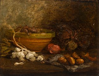 Eugene Boudin (Fr. 1824-1898), Nature morte aux oignons (Still Life with Onions), Oil on panel, framed