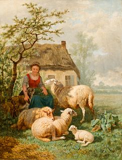 Laurent de Beul (Fr. 1821-1872), Shepherdess and Her Sheep, 1868, Oil on panel, framed